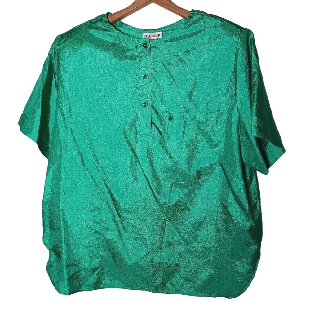 GJ Clar Blouse Size 18/20 Pullover Short Sleeve Green Crinkle Vintage Retro 80s